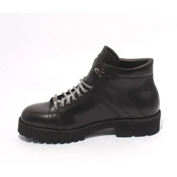 Roberto Serpentini 59500 Black Leather Fleece Lace-Up Ankle Boots